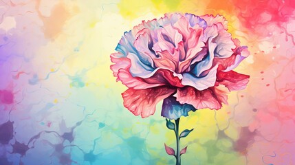  a painting of a pink carnation on a multicolored background.  generative ai