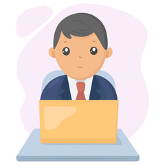 A man sits at a table with a laptop. Vector illustration