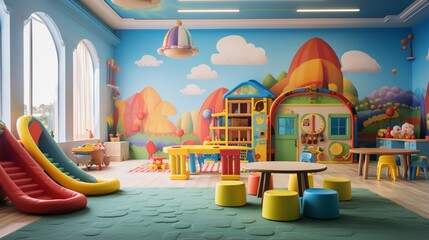 a vibrant children's playroom filled with colorful, durable materials that spark creativity and imagination