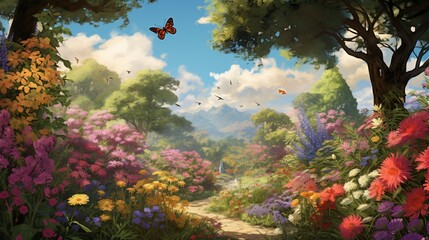 Fototapeta na wymiar a vibrant springtime garden, showcasing blooming flowers and buzzing pollinators in a lush setting