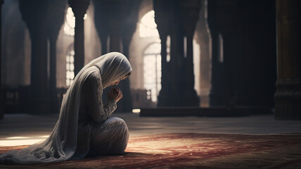 praying young woman in mosque. - obrazy, fototapety, plakaty