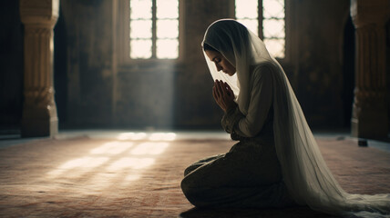 praying young woman in mosque.