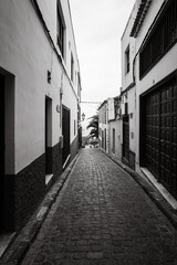 Narrow streets of the old town of Icod de los Vinos, on the northern coast of Tenerife. Canary Islands, Spain. Black and white.