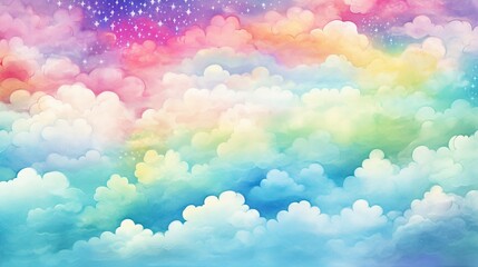  a colorful sky with clouds and stars in the sky and a rainbow background.  generative ai
