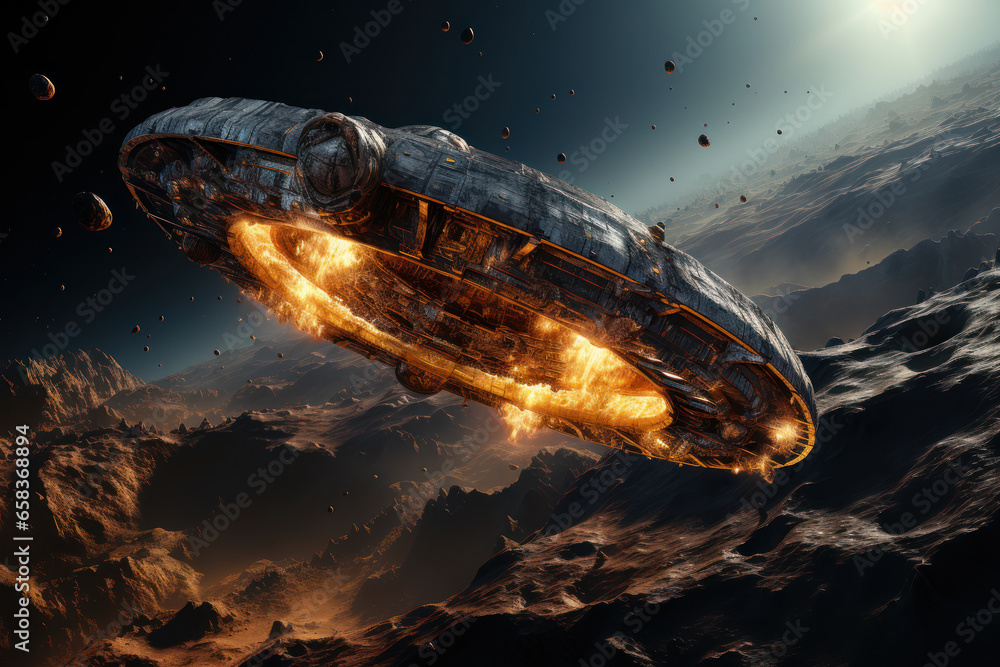 Poster a space probe landing on a distant asteroid, demonstrating mankind's ability to reach and study obje
