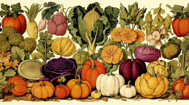  a painting of a variety of vegetables and fruits and vegetables.  generative ai