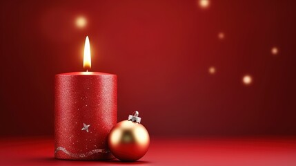  a red candle with a christmas ornament next to it.  generative ai