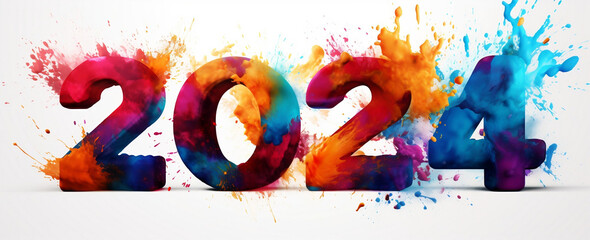 2024 Happy New Year celebration banner with colorful vibrant 3D numbers made of paint splashes isolated on white background