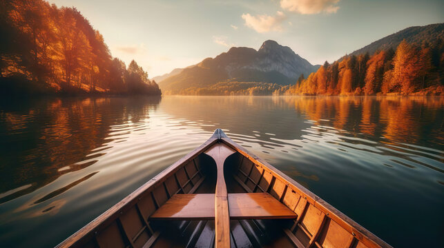 Canoe on lake at sunrise during autumn - Generated Ai
