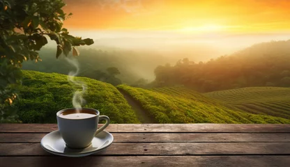Foto op Plexiglas A cup of green tea against the backdrop of a beautiful landscape in China with hills and the rising sun. AI generated © Khorzhevska