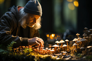 Fototapeta na wymiar A mycologist identifying and classifying various species of fungi in a forest. Concept of mycology. Generative Ai.