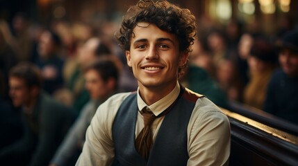 Cheerful Young Man with Curly Hair, Wearing a Vest and Tie, Seated in a Bustling Area with People in the Background
 - obrazy, fototapety, plakaty