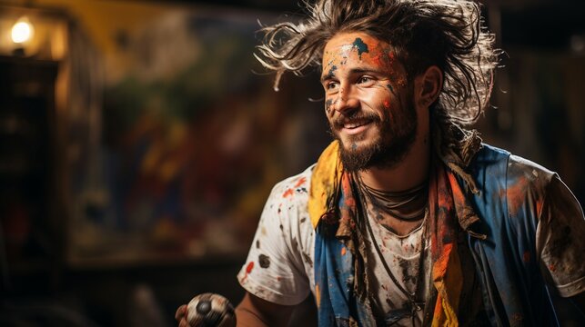 Eclectic Man With Face Paint And A Radiant Smile, Surrounded By Artistic Chaos, Wearing Multiple Layers Of Clothing And Accessories
