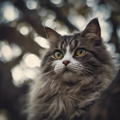 A fluffy cat sits on a tree and works in the distance.