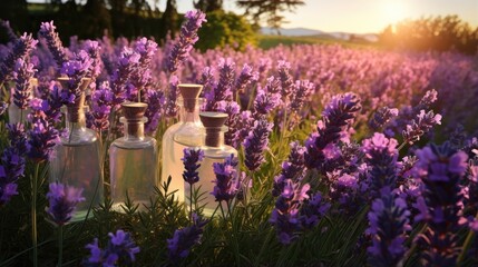 Several transparent glass bottles filled with lavender water and stoppered. Lavender flowers. Jar with aromatic oil. Spa and aromatherapy. Illustration for cover, postcard, brochure or advertisement. - obrazy, fototapety, plakaty