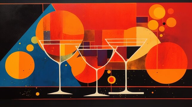 Abstract colorful collage with cocktail glasses. Modern design. Digital art background. Illustration for cover, card, postcard, interior design, decor or print.