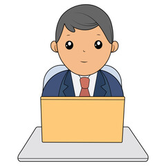 A man sits at a table with a laptop. Vector illustration