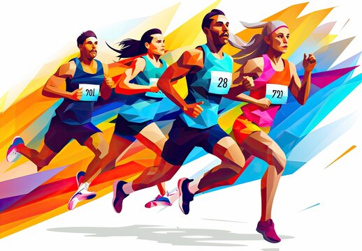 Running people. Marathon. Human activity. Design for sport. Sporting a watercolor style with paint splatters. Illustration for cover, card, postcard, interior design, decor or print.