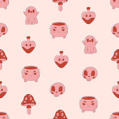 Cute and creepy seamless pattern. Trendy pink and red print. Retro cartoon style. Cauldron, skull, potion, mushroom, ghoost. Happy Halloween.