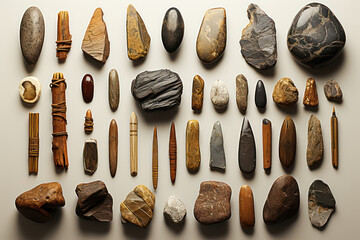 A collection of ancient stone tools, showcasing the technological advancements of early humans. Concept of Paleolithic archaeology. Generative Ai. - obrazy, fototapety, plakaty