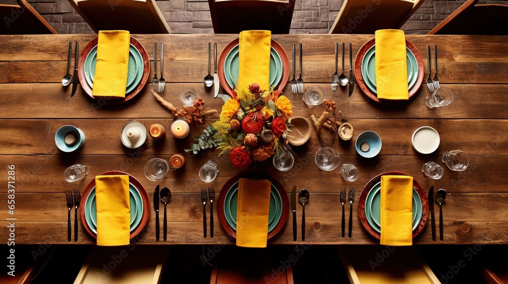 Poster a wooden table with place settings and place settings on it. generative ai