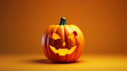  a carved pumpkin with glowing eyes on an orange background with a shadow.  generative ai