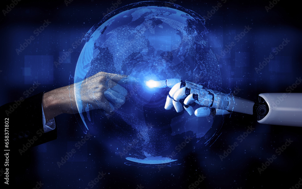 Poster 3d rendering artificial intelligence ai research of robot and cyborg development for future of peopl