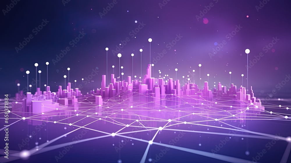 Poster a purple cityscape with lines and dots on it. generative ai