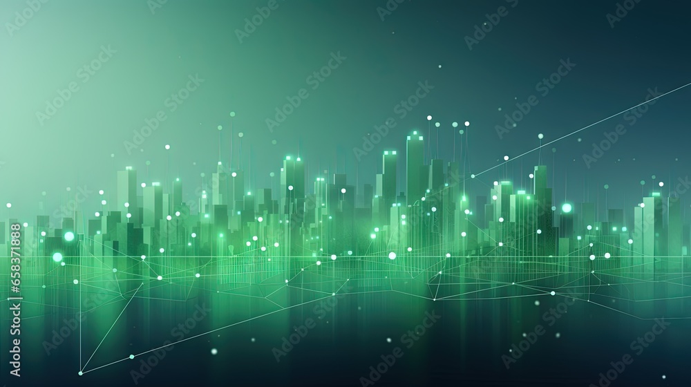 Poster a city skyline with lines and dots in the foreground. generative ai
