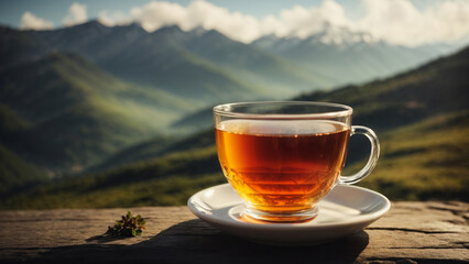 Cup of tea on the background of mountains