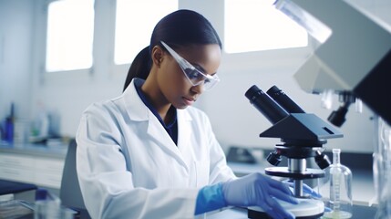 In a cutting-edge science lab, a dedicated medical researcher, a young African American woman, meticulously analyzes virus samples using advanced technology..