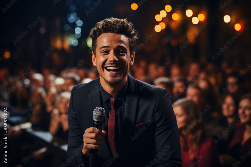 Aufkleber a late-night talk show host using humor to engage with a wide audience and discuss important topics.