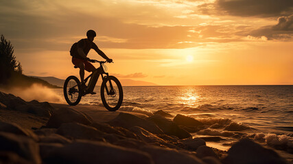 Mature man riding e-bicycle on shore at sunset