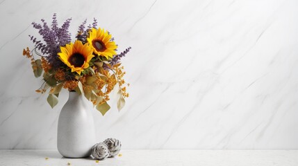  a white vase with sunflowers and other flowers in it.  generative ai
