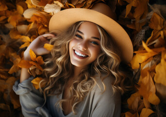 Portrait of a smiling girl in a yellow hat against the background of yellow leaves, generative AI