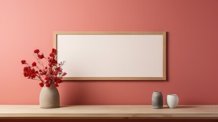  a vase with red flowers and a blank sign on a table.  generative ai