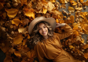 A smiling girl in a yellow hat and yellow dress is lying on a carpet of yellow leaves, generative AI





