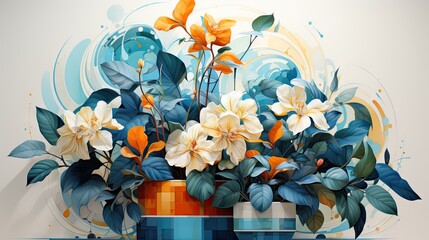  a painting of flowers in a vase with blue and orange accents.  generative ai