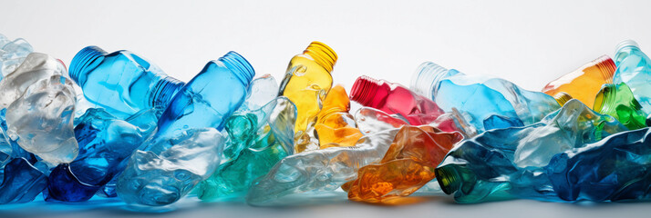 crushed plastic bottles, vivid colors, textures emphasized, studio lighting, isolated on white background