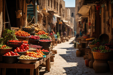 A vibrant street market in Amman, Jordan, where locals and tourists alike explore a variety of goods. Concept of vibrant street life in the Near East. Generative Ai.