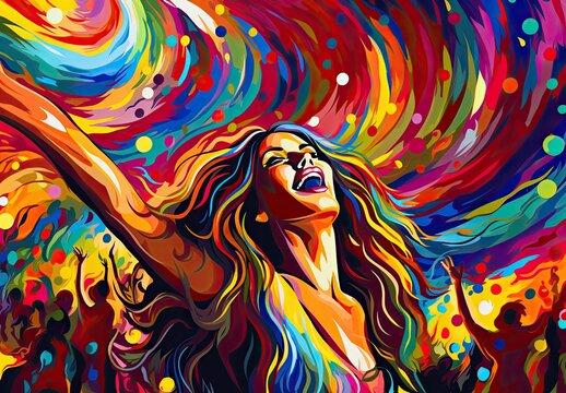 Portrait of a bright laughing young girl in colorful paint splatters. Concept of expressing bright joyful emotions. Energy of youth. Happiness. Illustration for cover, card, interior design or print.