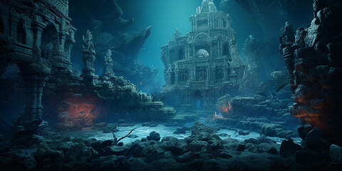 sunken city of Atlantis, underwater view, glowing coral reefs, schools of fish, enigmatic structures, bioluminescent lighting
