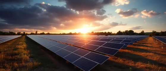 Fotobehang Beautiful field of photovoltaic big solar panels in countryside with in sunset. © JKLoma
