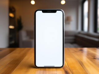 A smartphone with an empty white screen is on the table in the room, generative AI 





