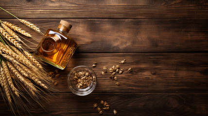 Fototapeta na wymiar whiskey with ice in glass on wooden background