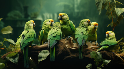Green parrots with red beaks sitting on a branch in the forest,  generative AI