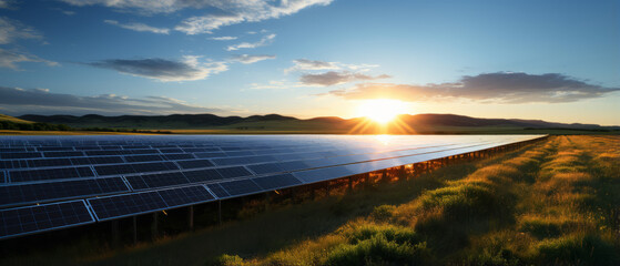 Beautiful field of photovoltaic big solar panels in countryside with in sunset.
