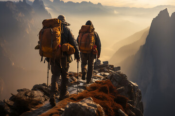 Couple of hikers with backpacks on the top of a mountain. - obrazy, fototapety, plakaty