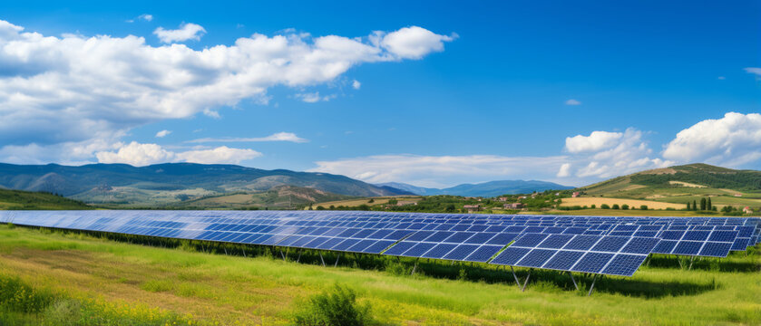 Beautiful field of photovoltaic big solar panels in countryside