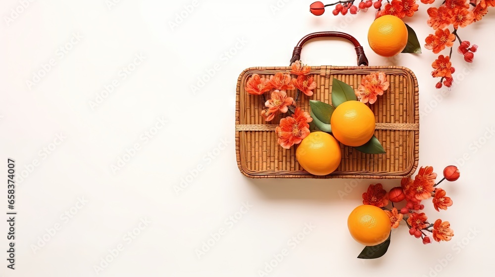 Poster a wicker bag with oranges and flowers on it. generative ai